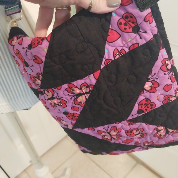 3184 Handmade Quilted Crossbody Bag with Guitar Strap. In Purple and Black. - Picture 3 of 8